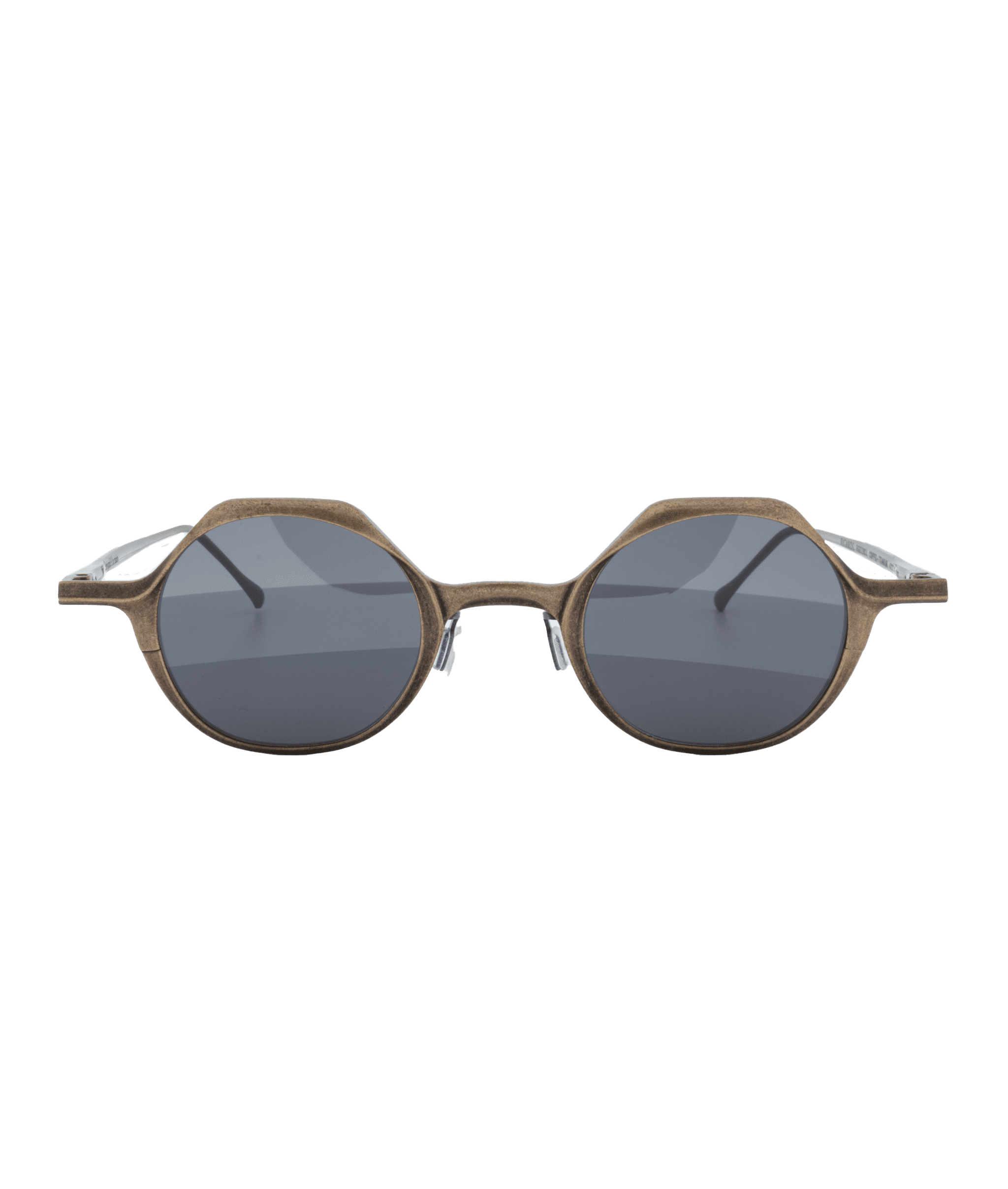 Front view of round sunglasses with dark lenses and a matte, bronze-colored frame on a plain white background. Découvrez Vu, la lunetterie à Montréal avec le plus grand inventaire de montures à Montréal.