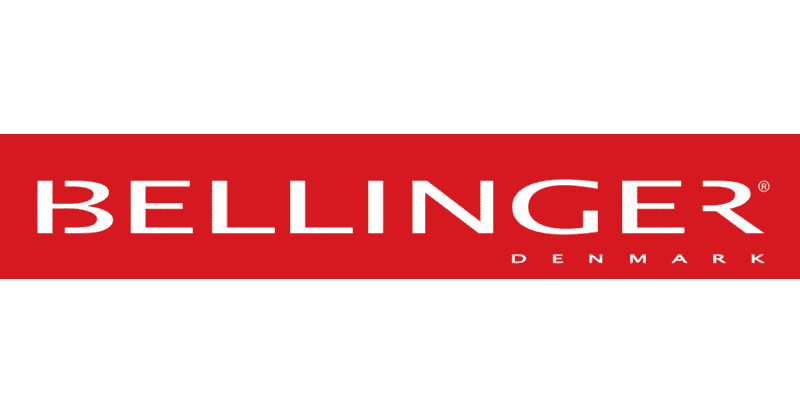 The image shows the Bellinger Denmark logo with white, modern uppercase letters on a red background—perfect for lunetterie à Montréal seeking unique style. Bellinger is prominently displayed, with Denmark in smaller letters below on the right.