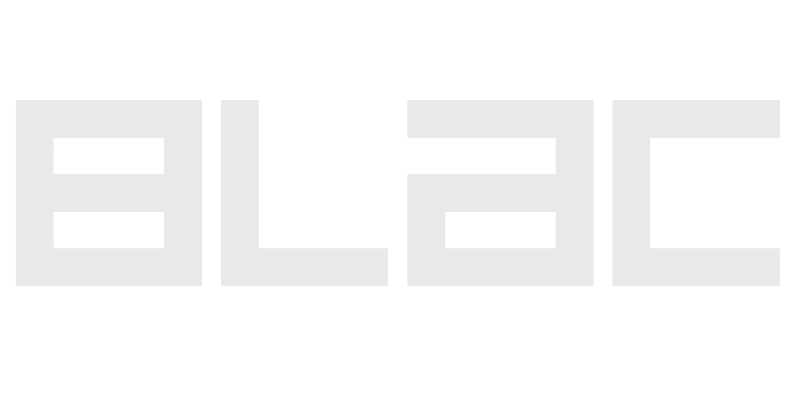 The image shows the word BLAC in large, light gray, block-style letters on a white background, reminiscent of Vu, lunetterie à Montréal—le plus grand inventaire de montures à Montréal.
