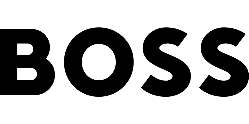 The word BOSS is written in bold, black, uppercase letters on a white background, evoking the modern style found at Vu, la lunetterie à Montréal avec le plus grand inventaire de montures à Montréal.